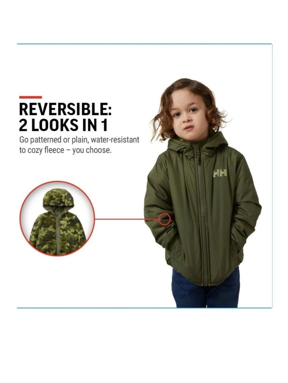 HELLY HANSEN | Champ Reversible Jacket Camo Sherpa Green Boys Sz 7 - Picture 2 of 5
